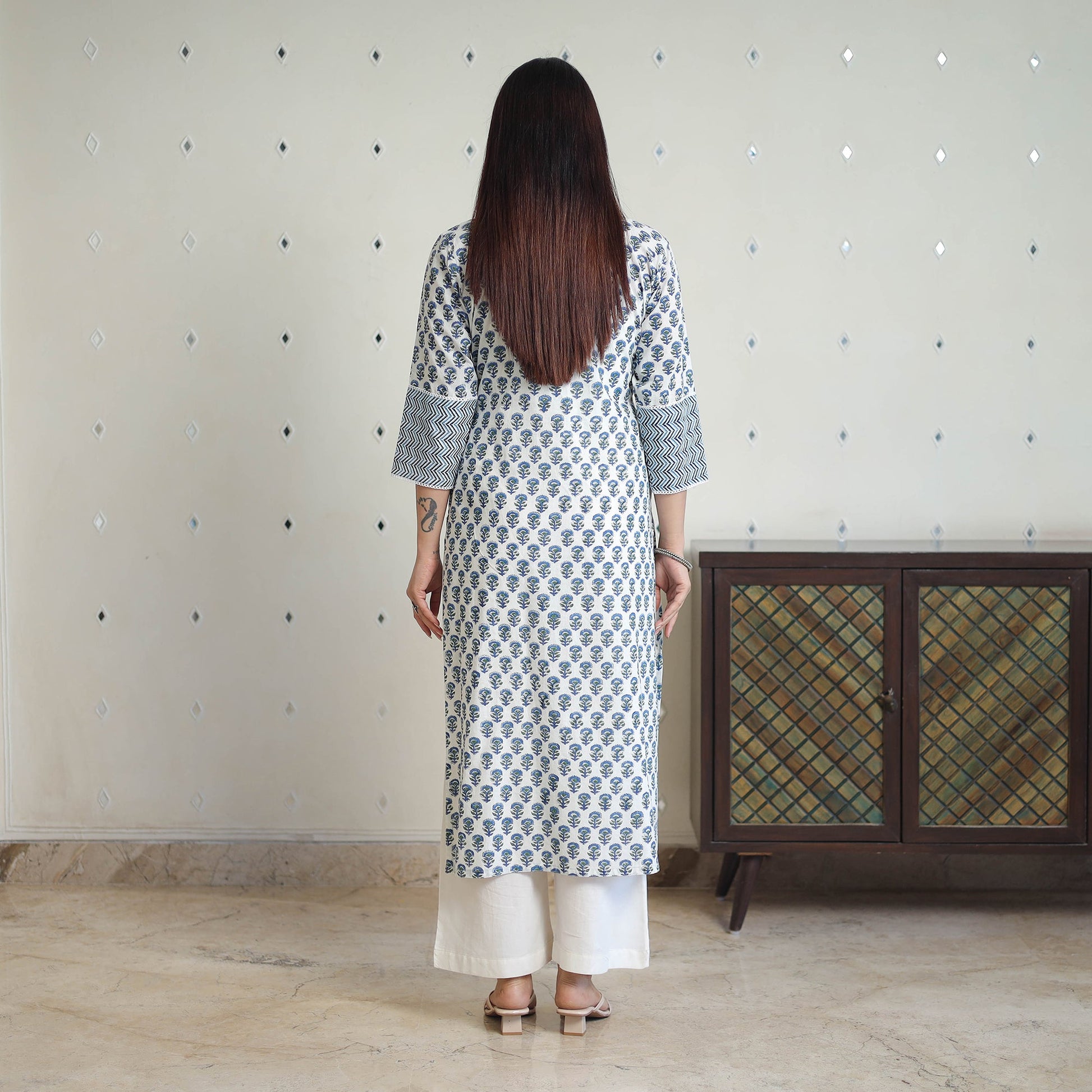 Blue - Block Print Cotton Straight Sanganeri Kurta 12
