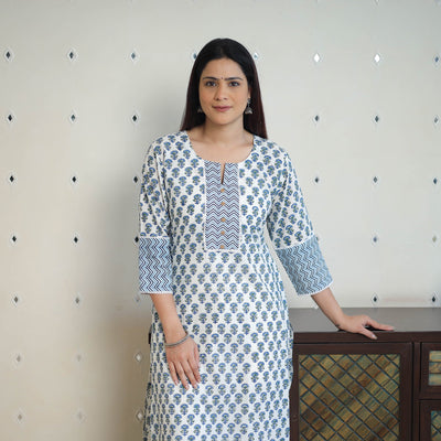 Blue - Block Print Cotton Straight Sanganeri Kurta 12
