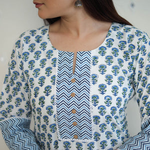 Blue - Block Print Cotton Straight Sanganeri Kurta 12