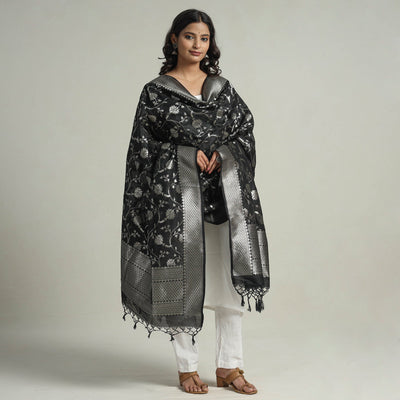 Black - Banarasi Semi Silk Zari Jaal Dupatta with Tassels 19