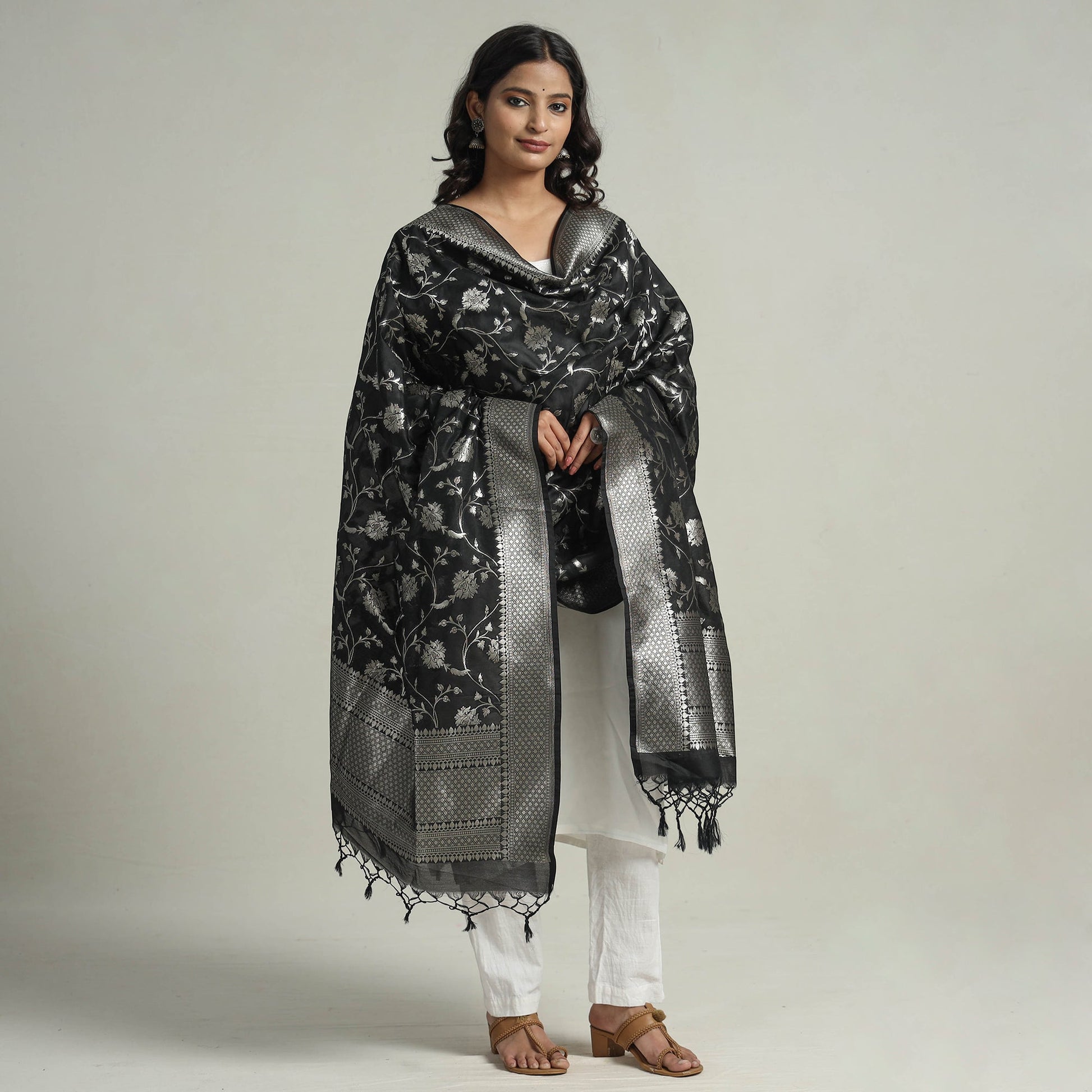 Black - Banarasi Semi Silk Zari Jaal Dupatta with Tassels 19