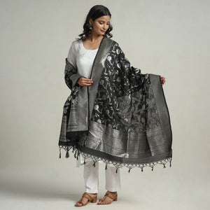 Black - Banarasi Semi Silk Zari Jaal Dupatta with Tassels 19