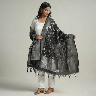 Black - Banarasi Semi Silk Zari Jaal Dupatta with Tassels 19