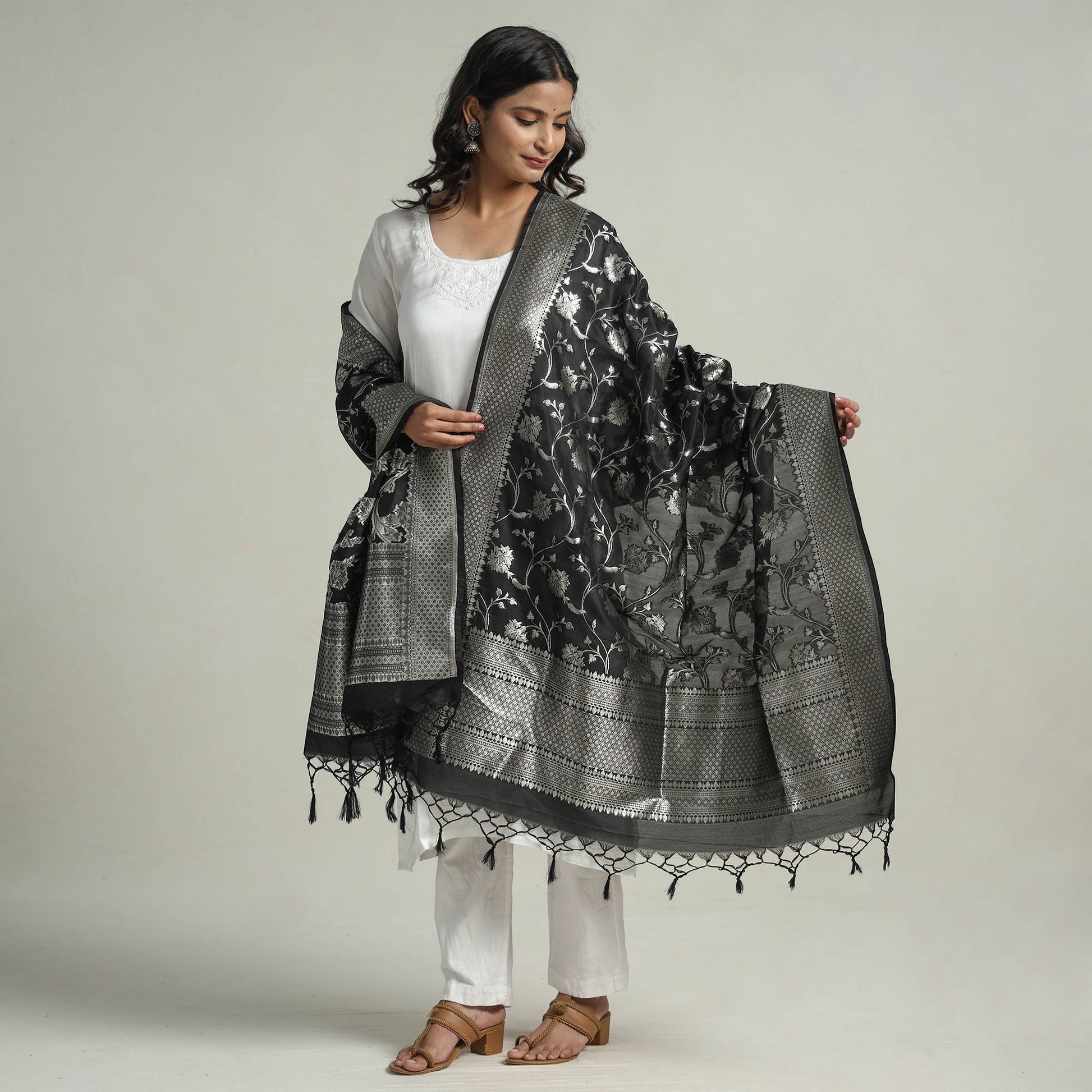 Black - Banarasi Semi Silk Zari Jaal Dupatta with Tassels 19