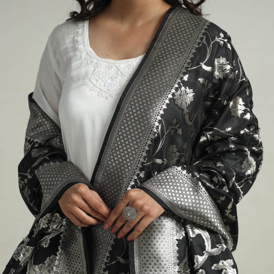 Black - Banarasi Semi Silk Zari Jaal Dupatta with Tassels 19