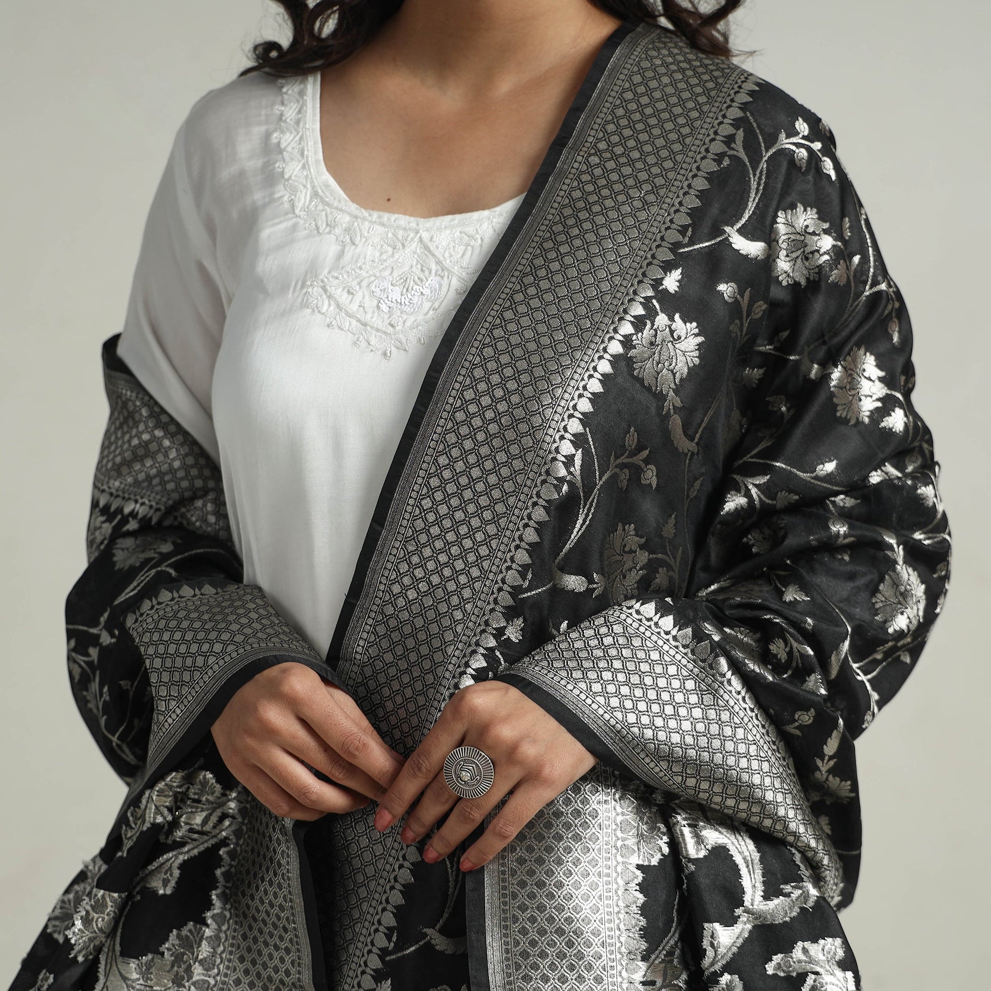 Black - Banarasi Semi Silk Zari Jaal Dupatta with Tassels 19