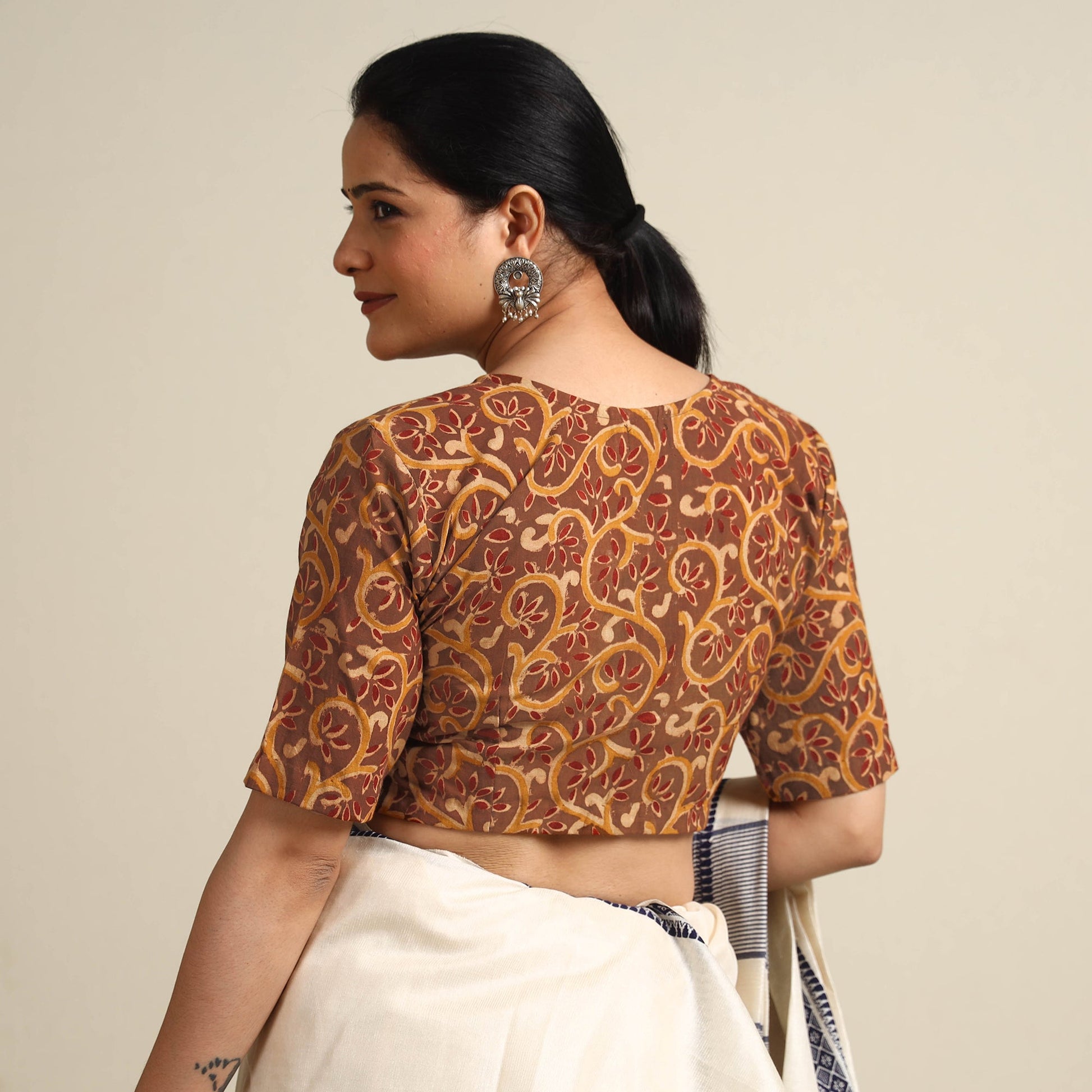 Brown - Kalamkari Block Printed Cotton Stitched Blouse