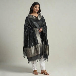 Black - Banarasi Semi Silk Zari Jaal Dupatta with Tassels 22