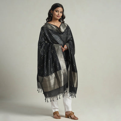 Black - Banarasi Semi Silk Zari Jaal Dupatta with Tassels 22