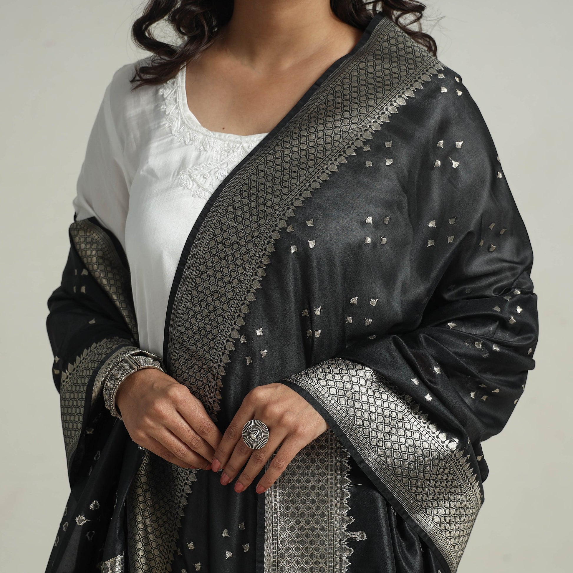 Black - Banarasi Semi Silk Zari Jaal Dupatta with Tassels 22