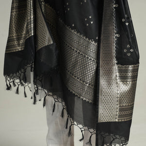 Black - Banarasi Semi Silk Zari Jaal Dupatta with Tassels 22