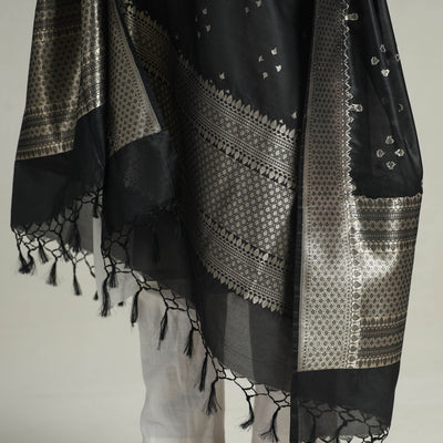 Black - Banarasi Semi Silk Zari Jaal Dupatta with Tassels 22