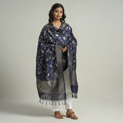 Blue - Banarasi Semi Silk Zari Jaal Dupatta with Tassels 26