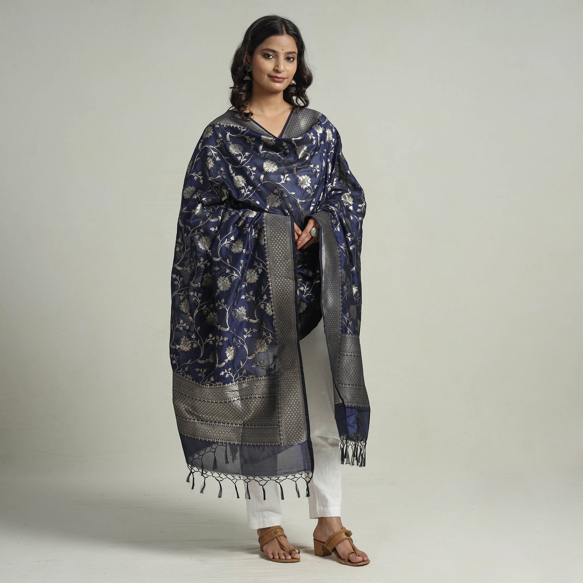 Blue - Banarasi Semi Silk Zari Jaal Dupatta with Tassels 26