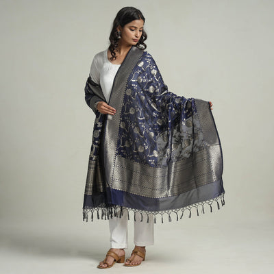 Blue - Banarasi Semi Silk Zari Jaal Dupatta with Tassels 26