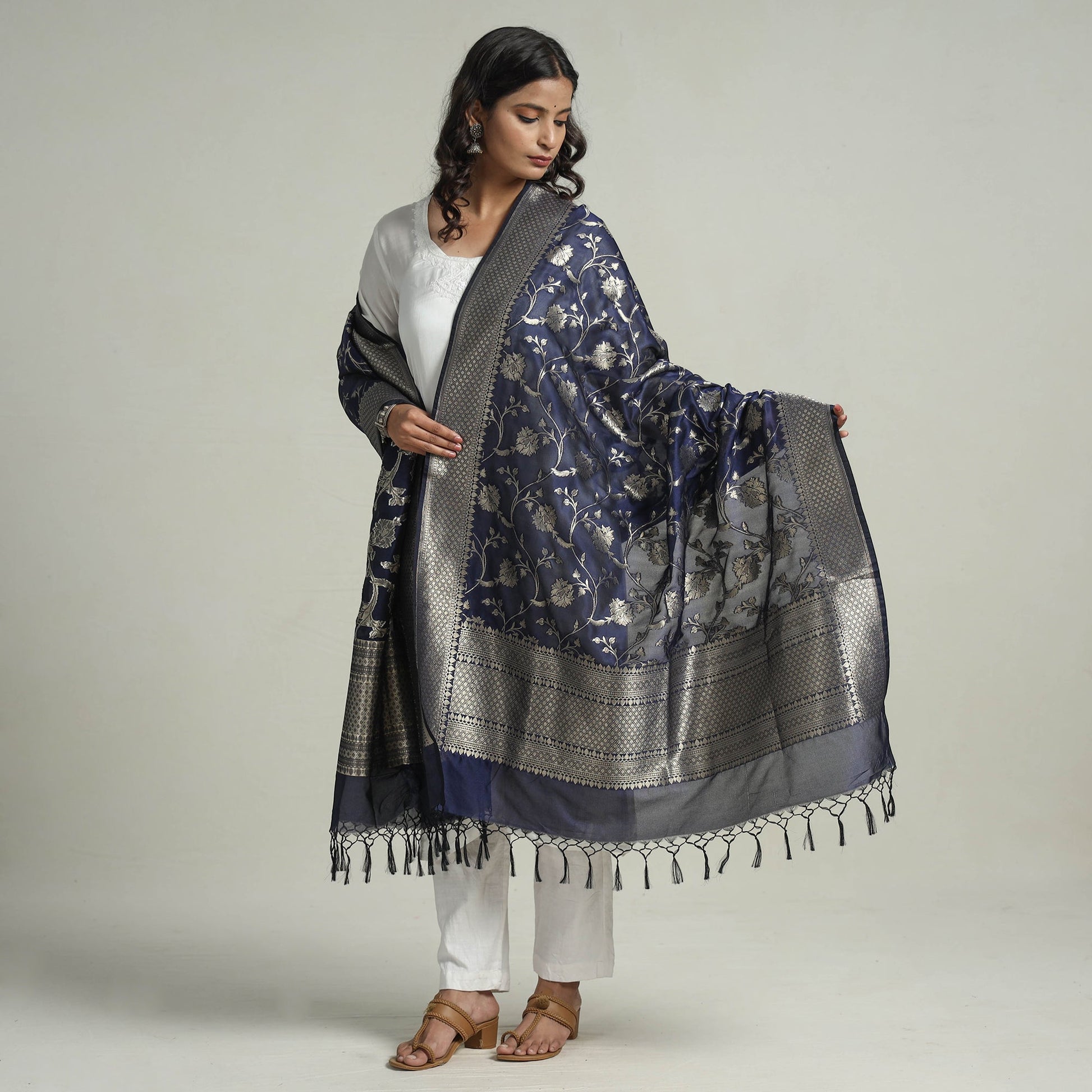 Blue - Banarasi Semi Silk Zari Jaal Dupatta with Tassels 26