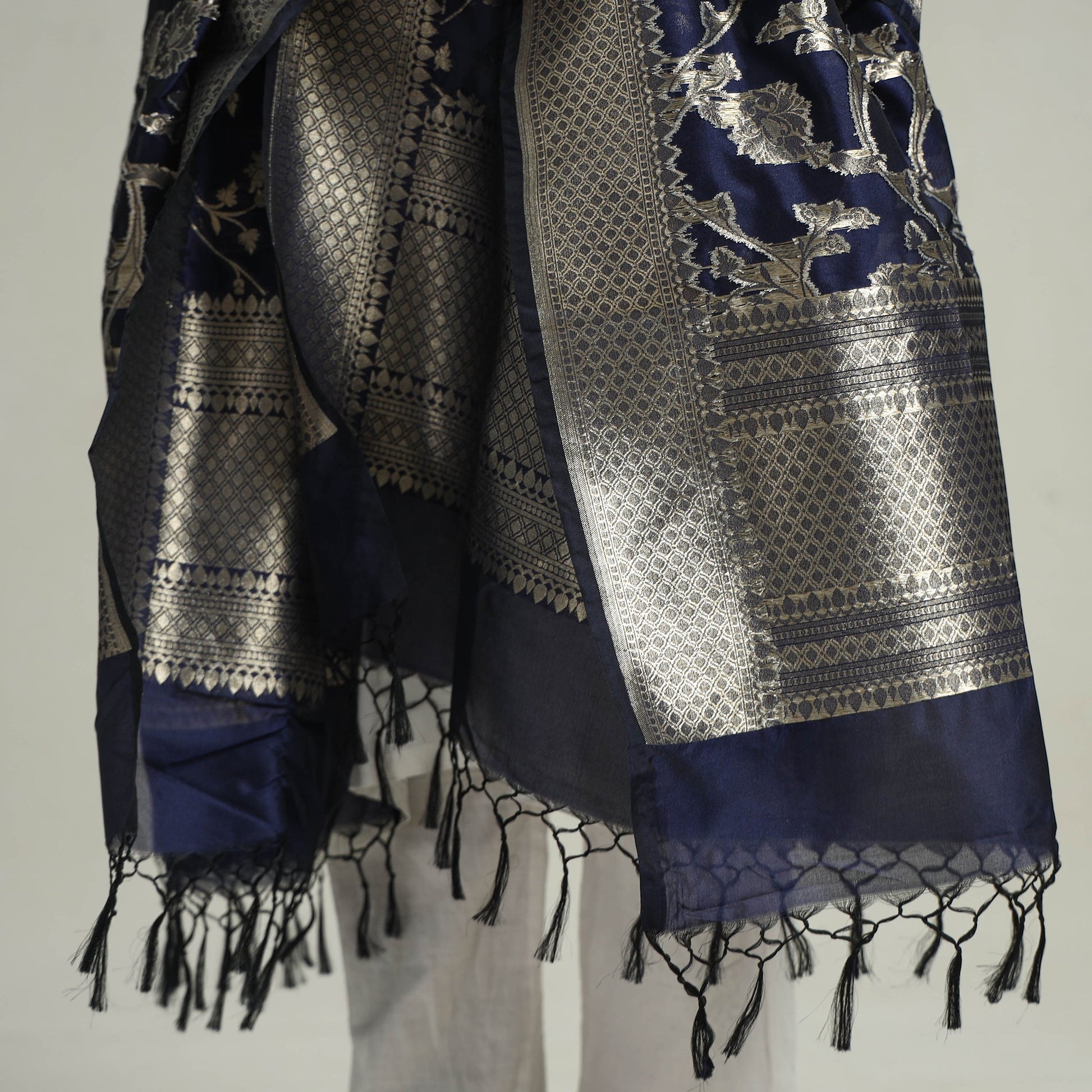 Blue - Banarasi Semi Silk Zari Jaal Dupatta with Tassels 26