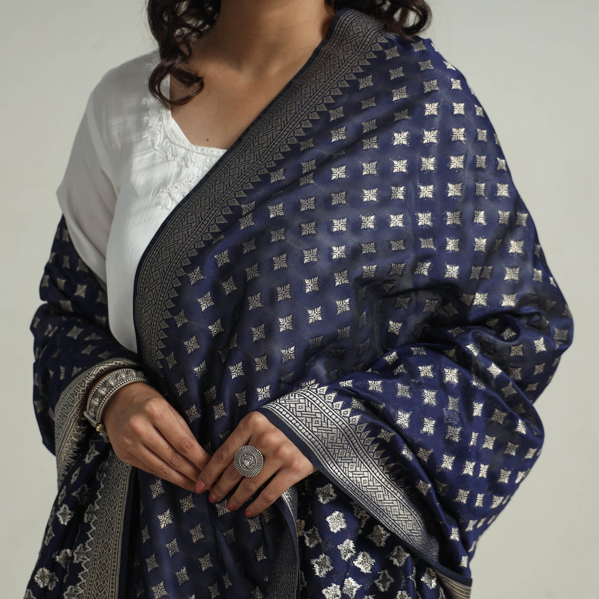 Blue - Banarasi Semi Silk Zari Jaal Dupatta with Tassels 29
