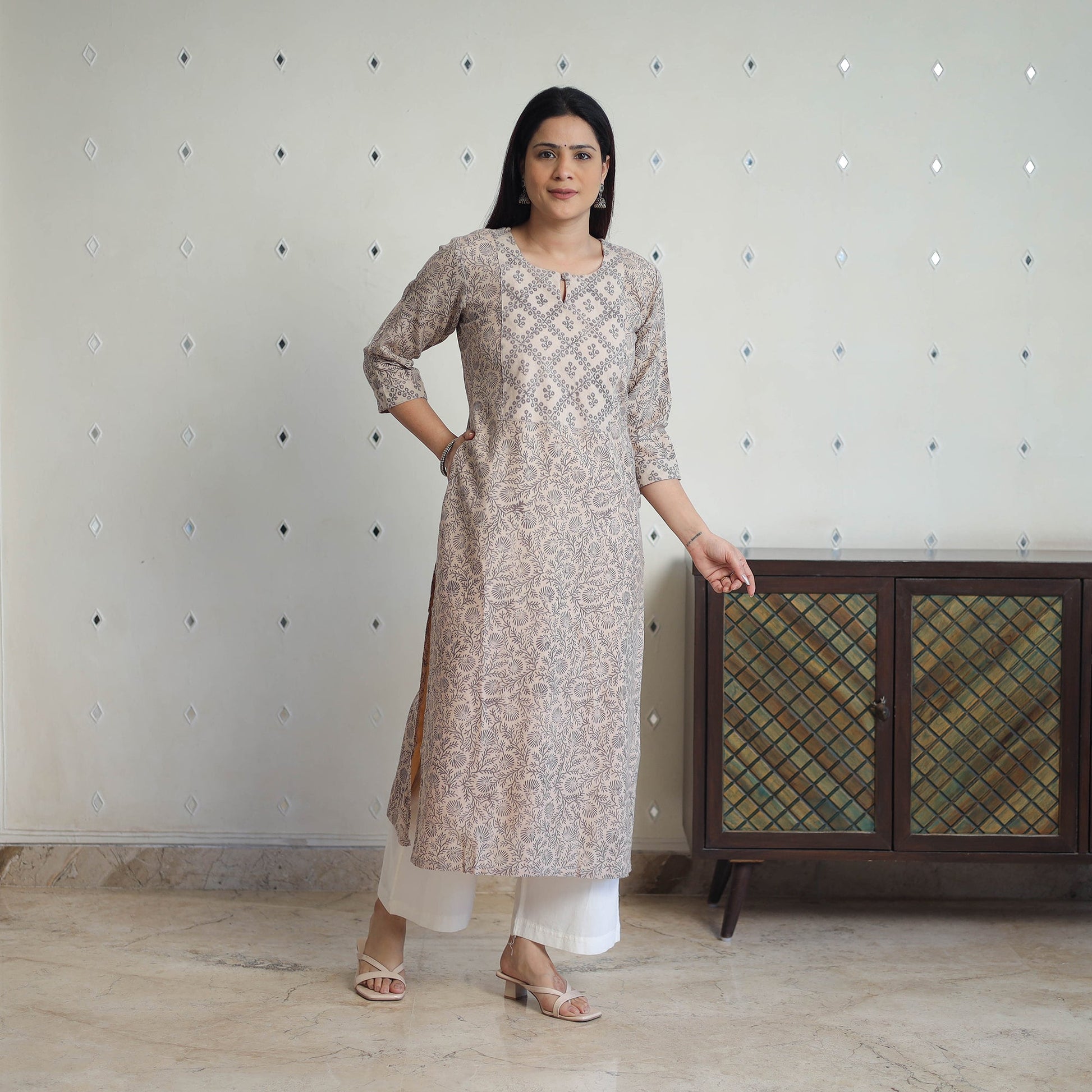Beige - Handwoven Wool Pedana Kalamkari Print Kurta 06