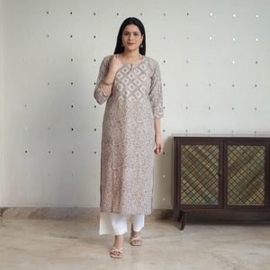 Beige - Handwoven Wool Pedana Kalamkari Print Kurta 06