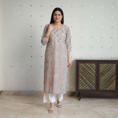 Beige - Handwoven Wool Pedana Kalamkari Print Kurta 06