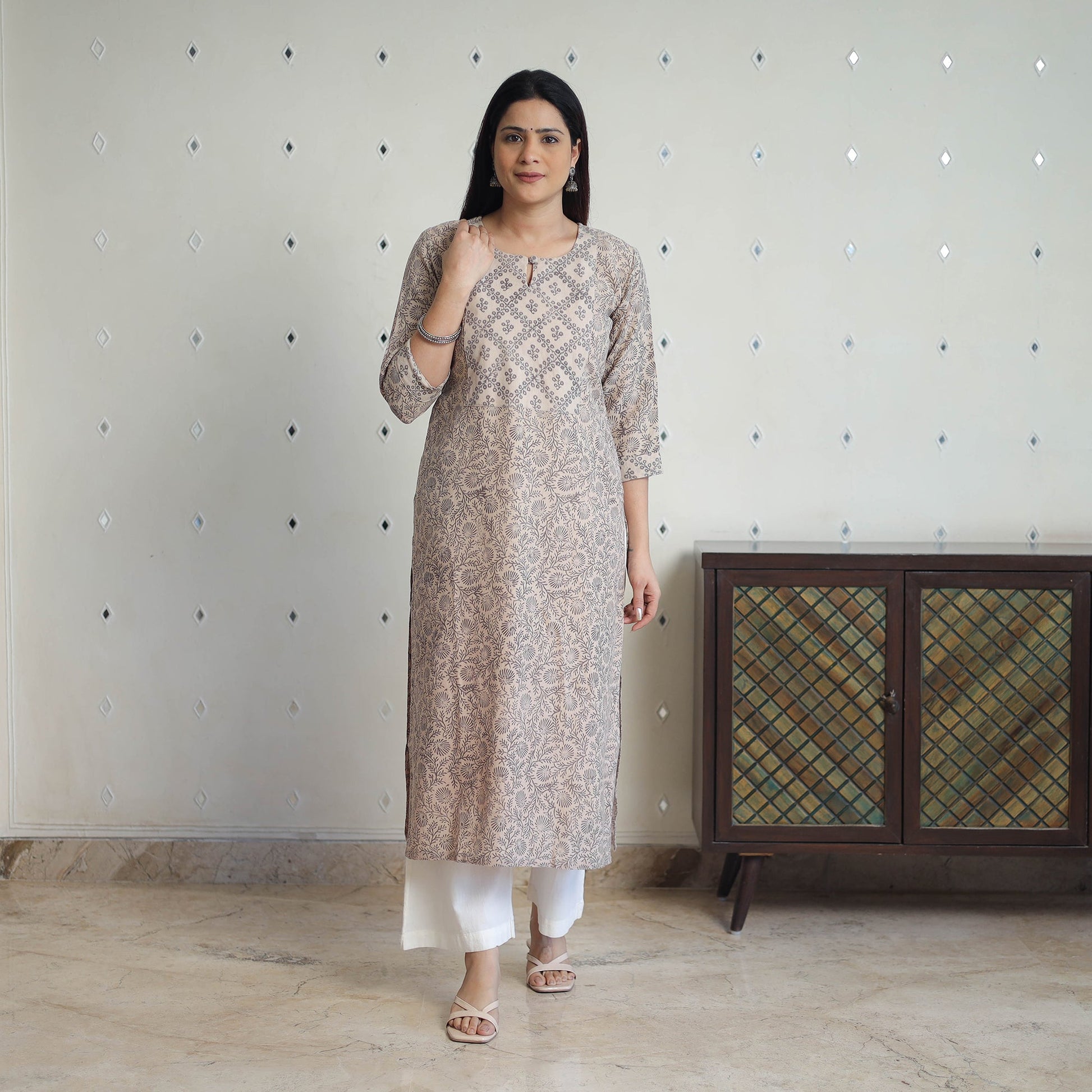 Beige - Handwoven Wool Pedana Kalamkari Print Kurta 06