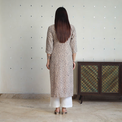 Beige - Handwoven Wool Pedana Kalamkari Print Kurta 06