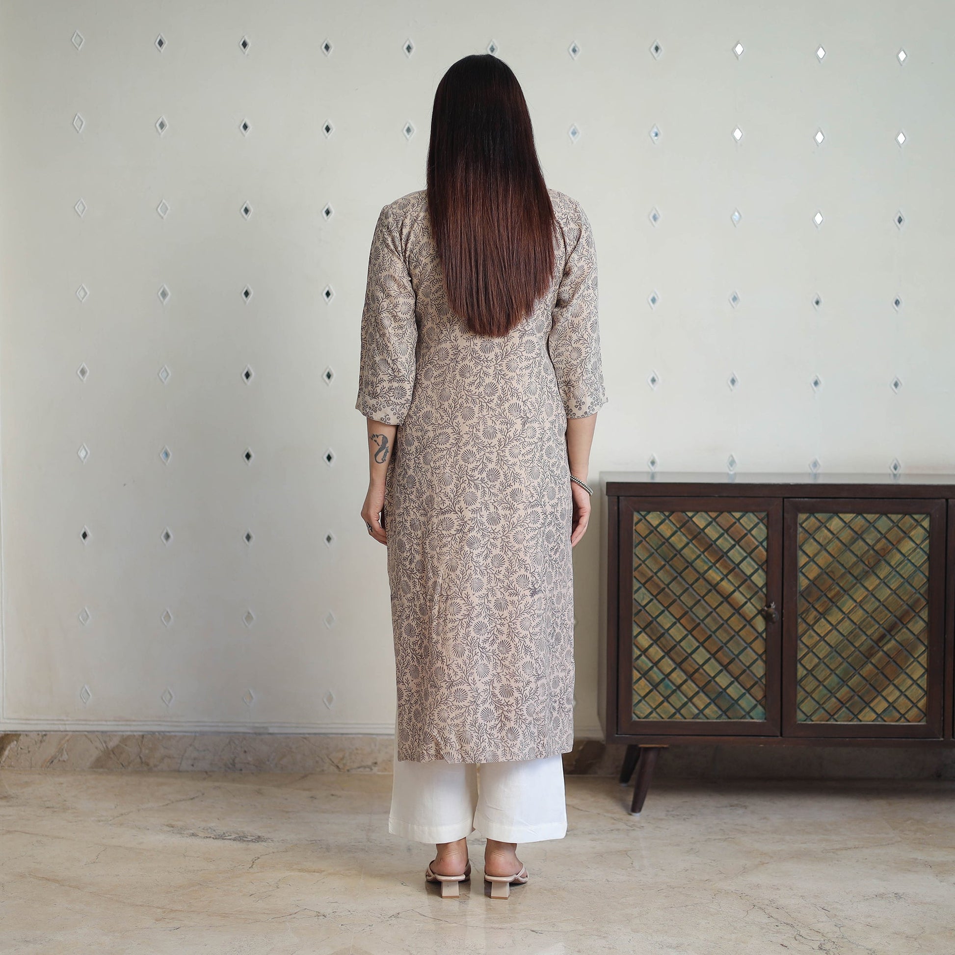 Beige - Handwoven Wool Pedana Kalamkari Print Kurta 06
