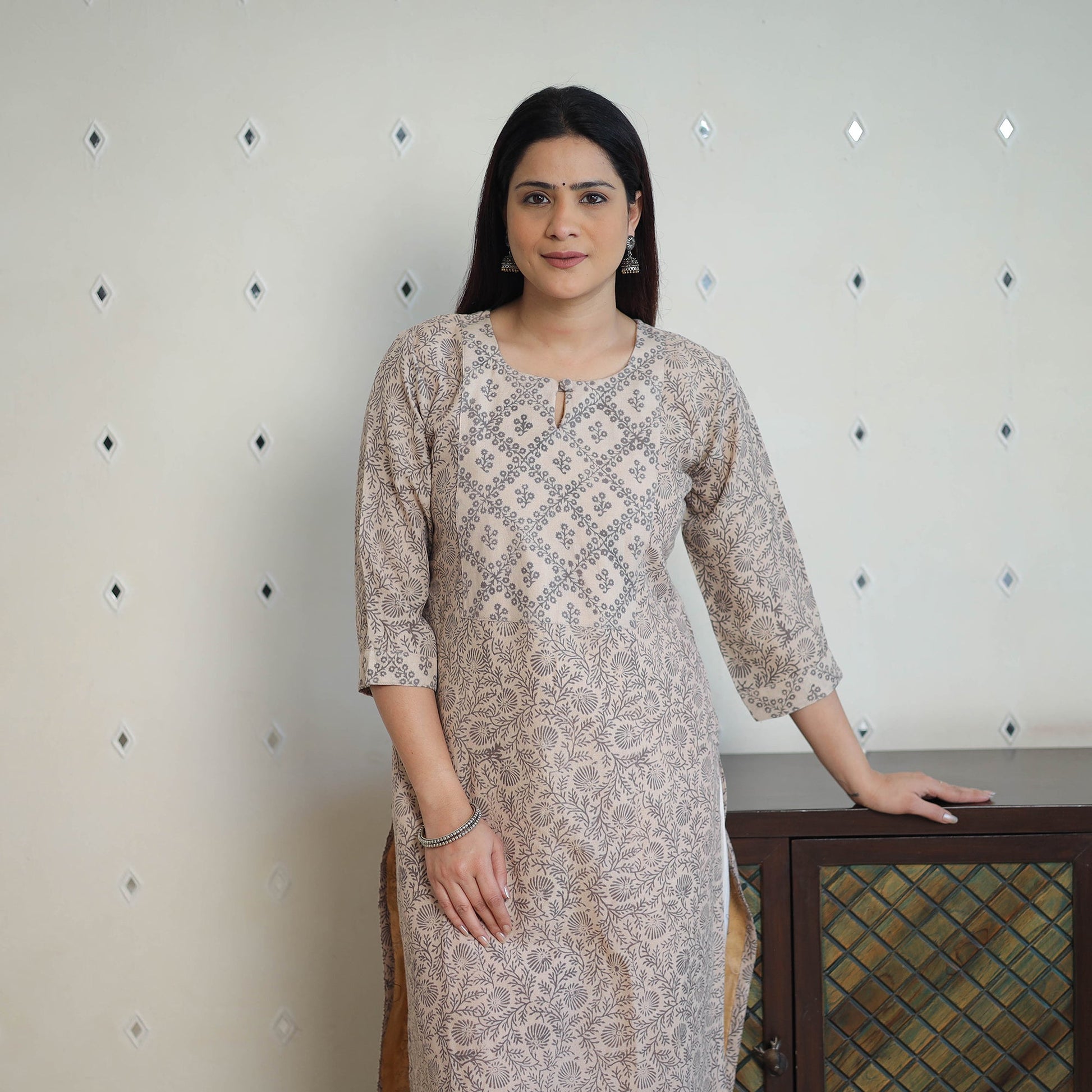 Beige - Handwoven Wool Pedana Kalamkari Print Kurta 06