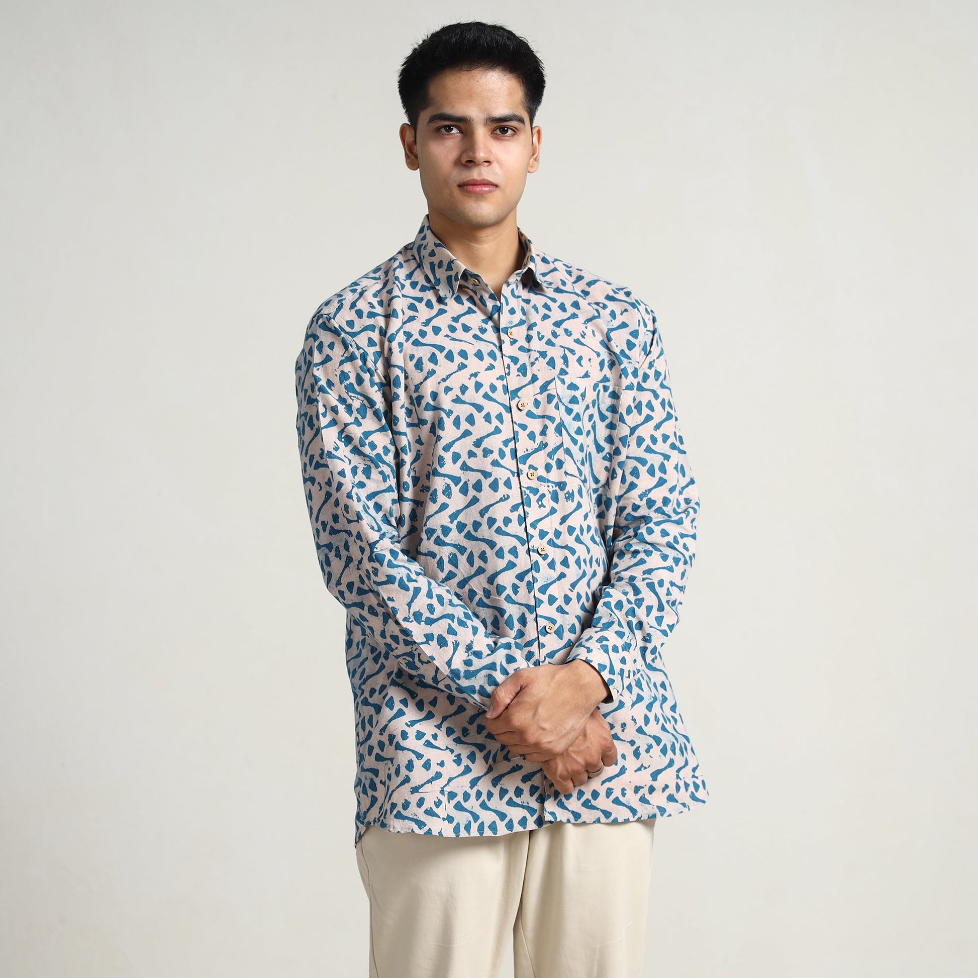 Blue - Hand Batik Printed Cotton Men Full Sleeve Shirt 13