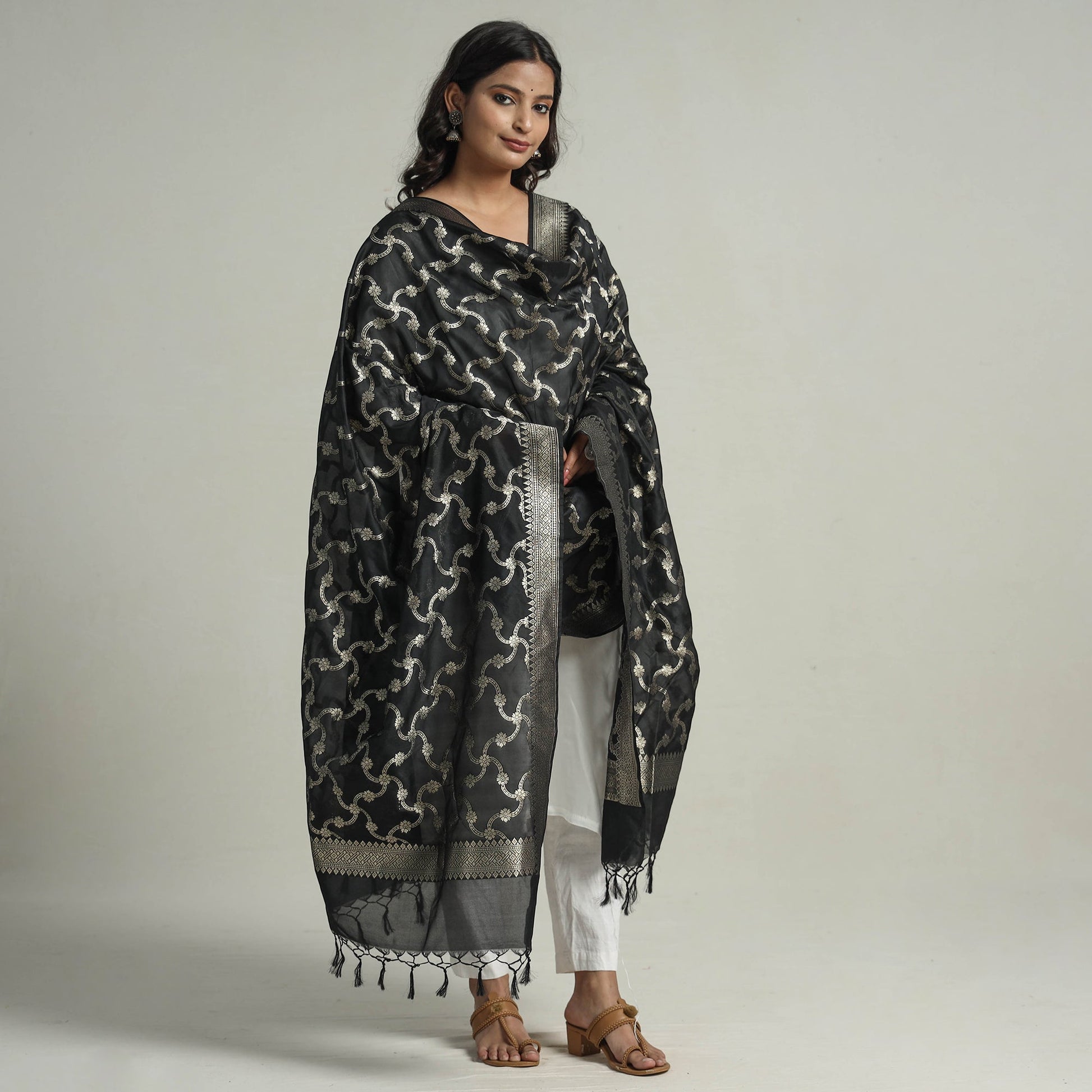Black - Semi Silk Zari Jaal Banarasi Dupatta 32