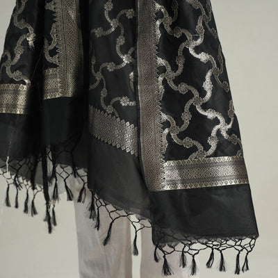 Black - Semi Silk Zari Jaal Banarasi Dupatta 32