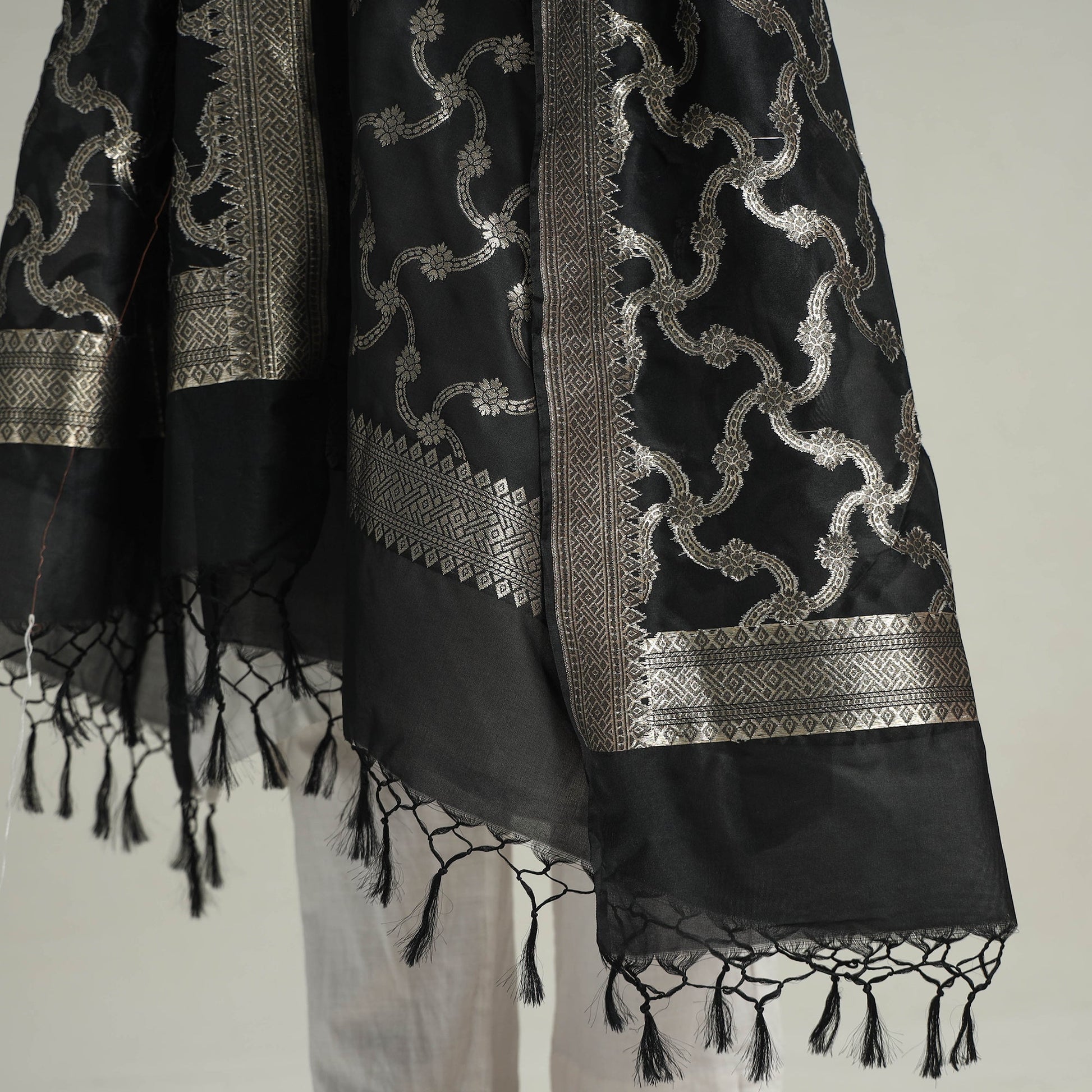 Black - Semi Silk Zari Jaal Banarasi Dupatta 32