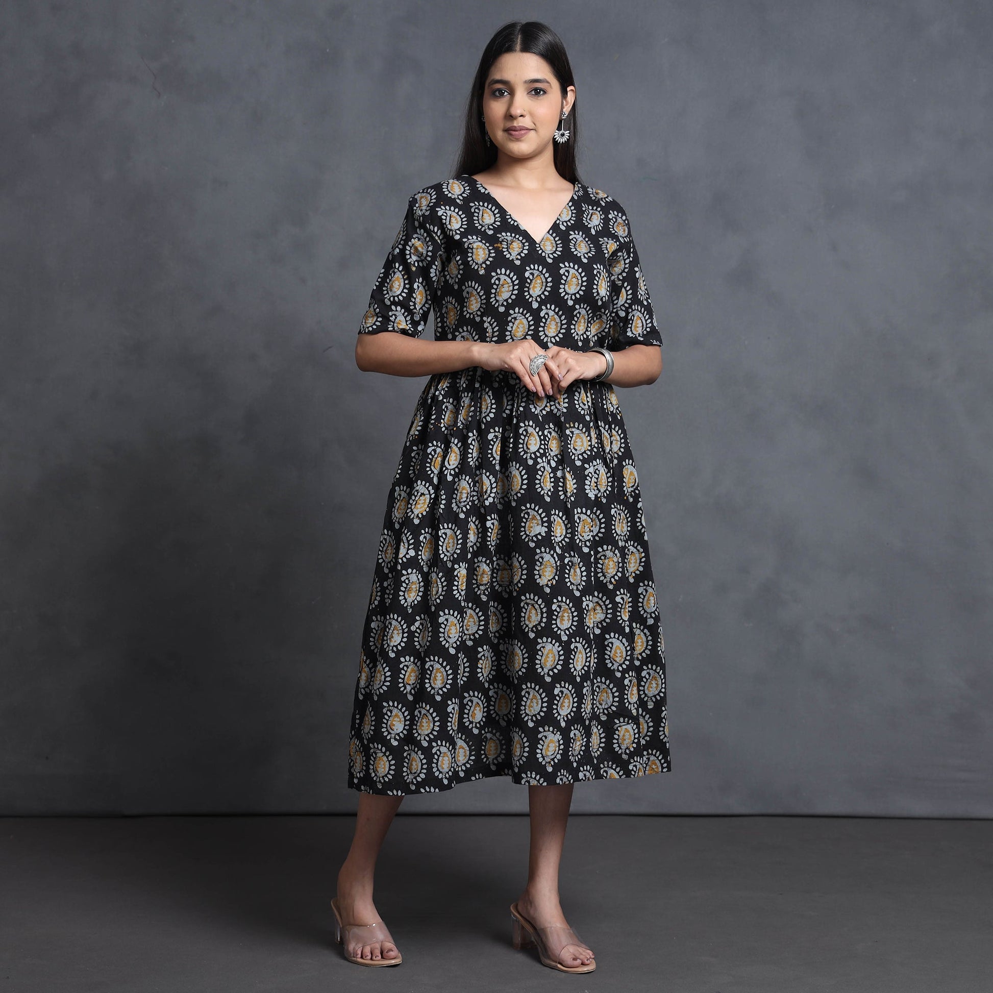 Black - Hand Batik Printed Cotton Flared Gher Dress