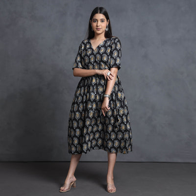 Black - Hand Batik Printed Cotton Flared Gher Dress