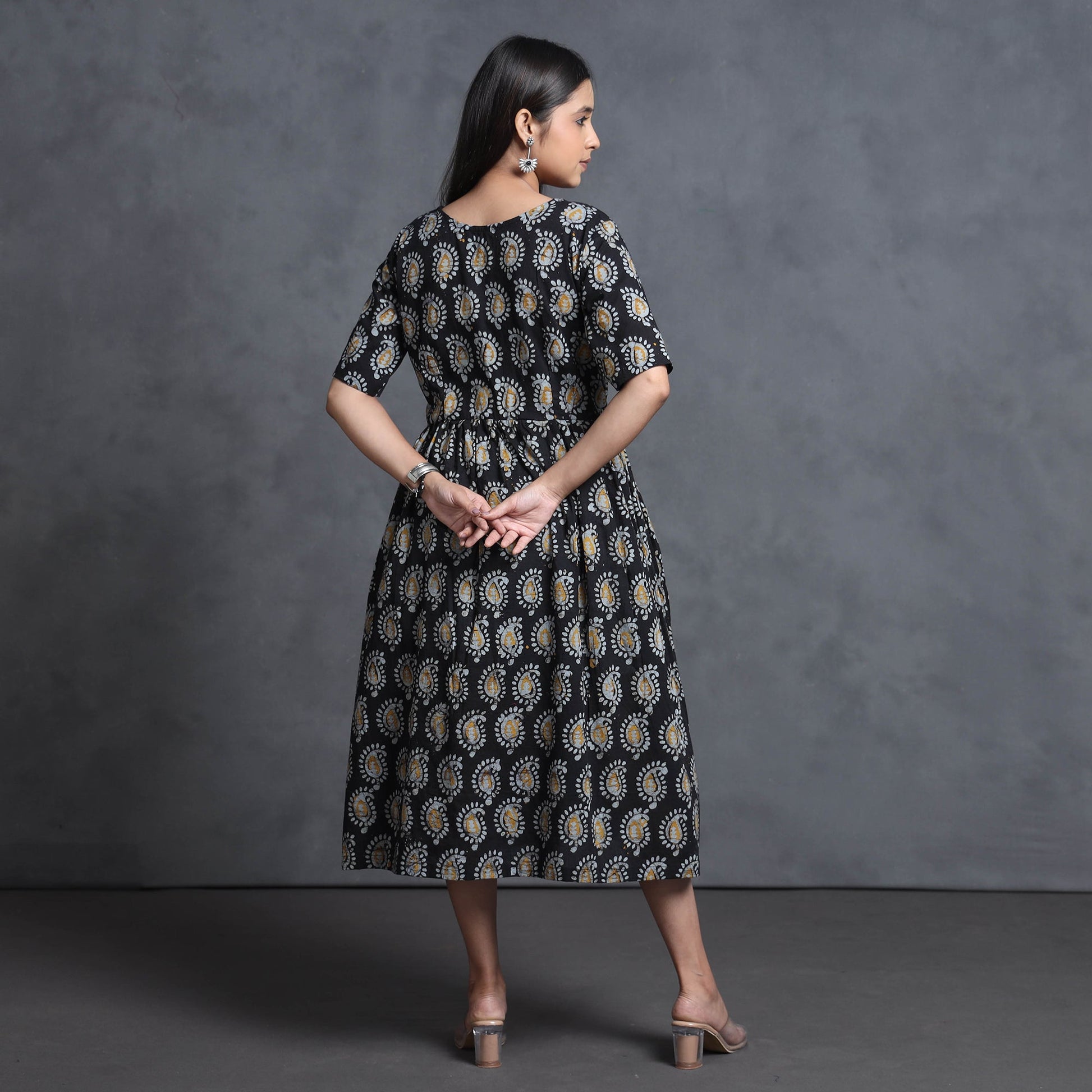 Black - Hand Batik Printed Cotton Flared Gher Dress