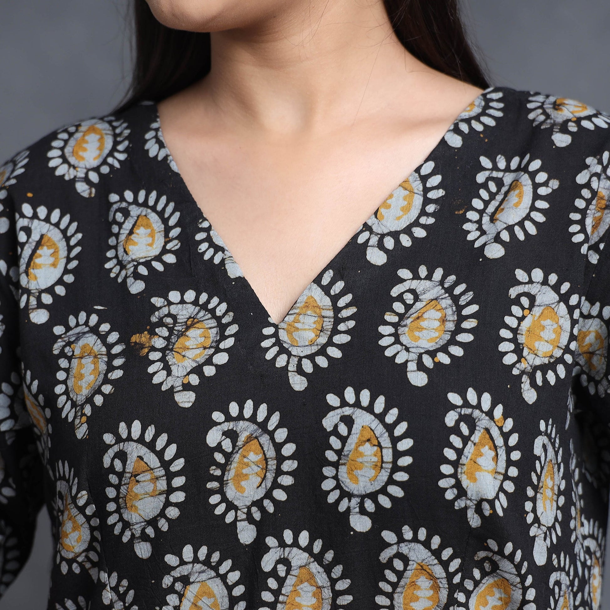 Black - Hand Batik Printed Cotton Flared Gher Dress