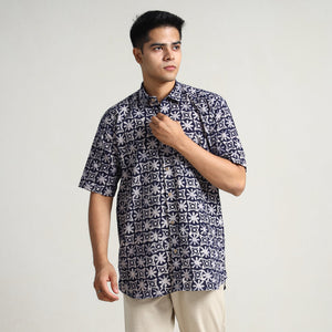 Blue - Hand Batik Printed Cotton Men Half Sleeve Shirt 07