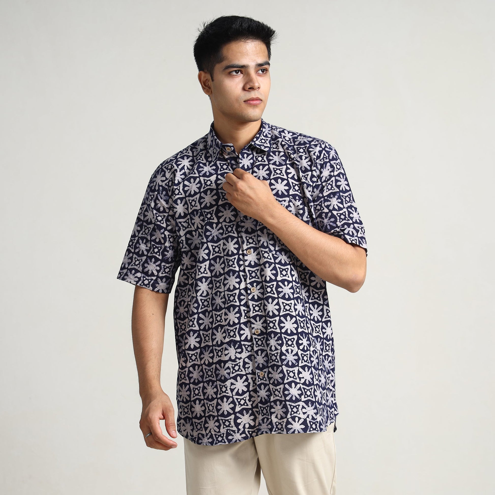 Blue - Hand Batik Printed Cotton Men Half Sleeve Shirt 07
