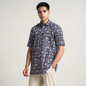 Blue - Hand Batik Printed Cotton Men Half Sleeve Shirt 07