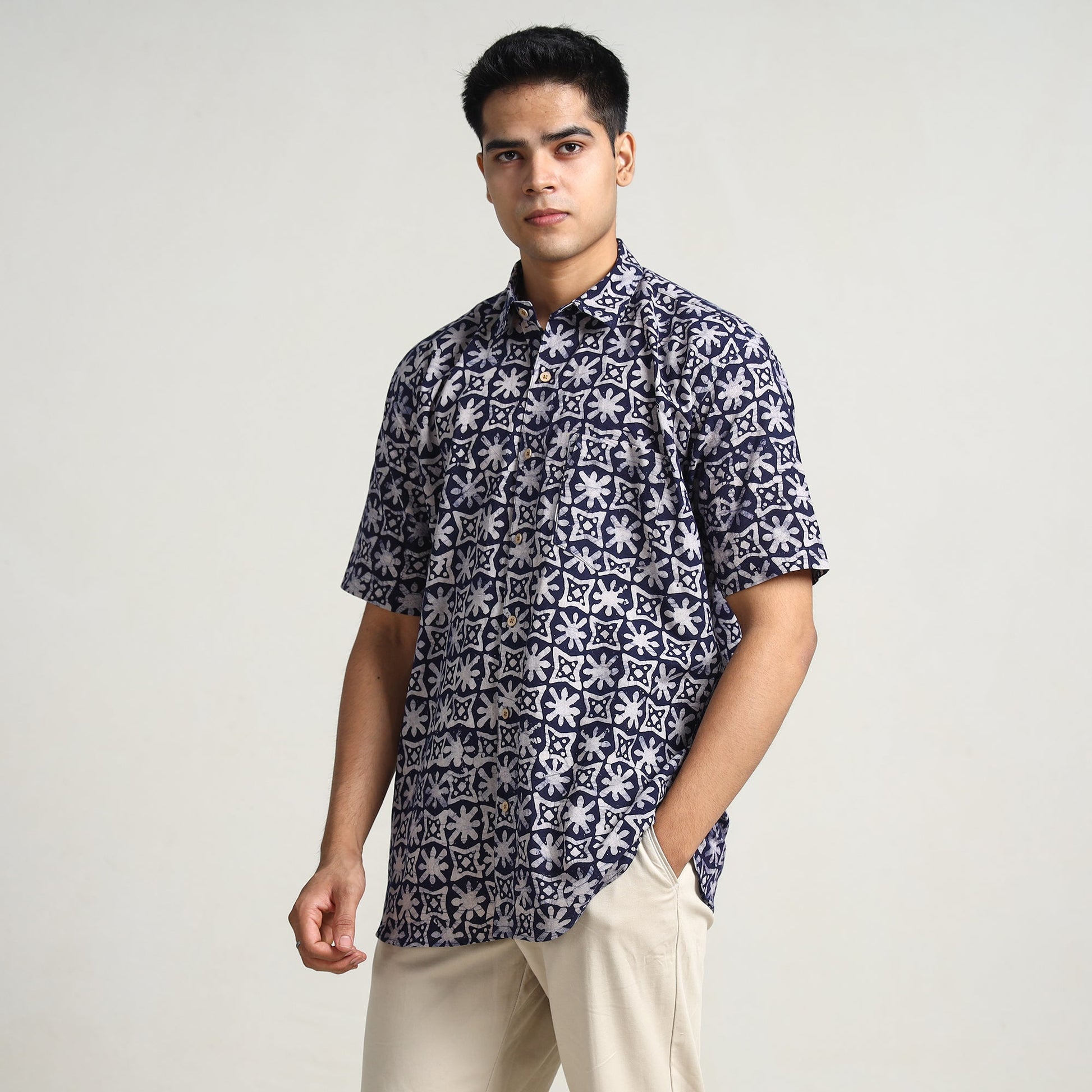 Blue - Hand Batik Printed Cotton Men Half Sleeve Shirt 07