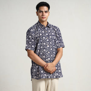 Blue - Hand Batik Printed Cotton Men Half Sleeve Shirt 07