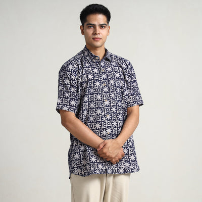 Blue - Hand Batik Printed Cotton Men Half Sleeve Shirt 07