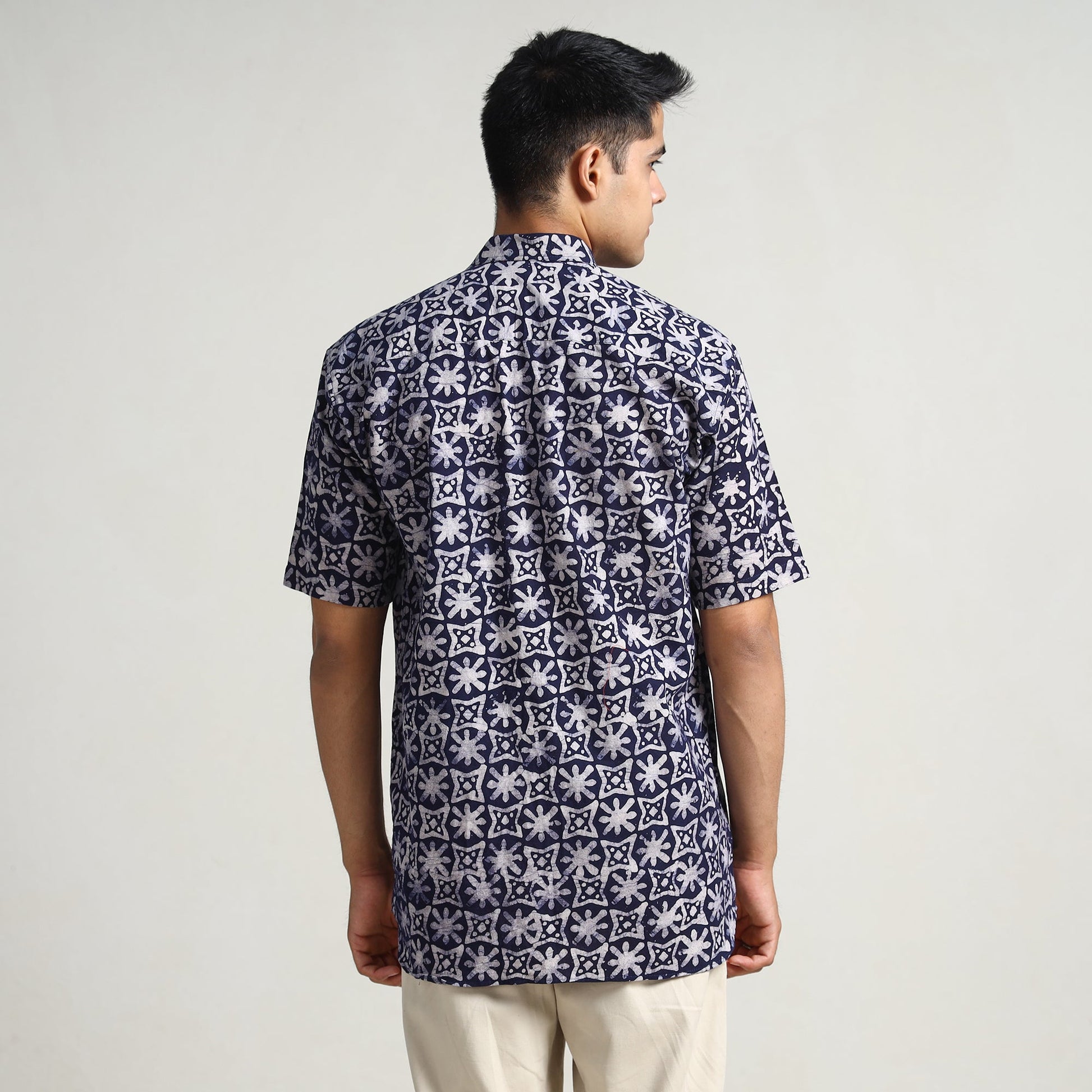 Blue - Hand Batik Printed Cotton Men Half Sleeve Shirt 07