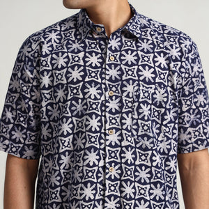 Blue - Hand Batik Printed Cotton Men Half Sleeve Shirt 07