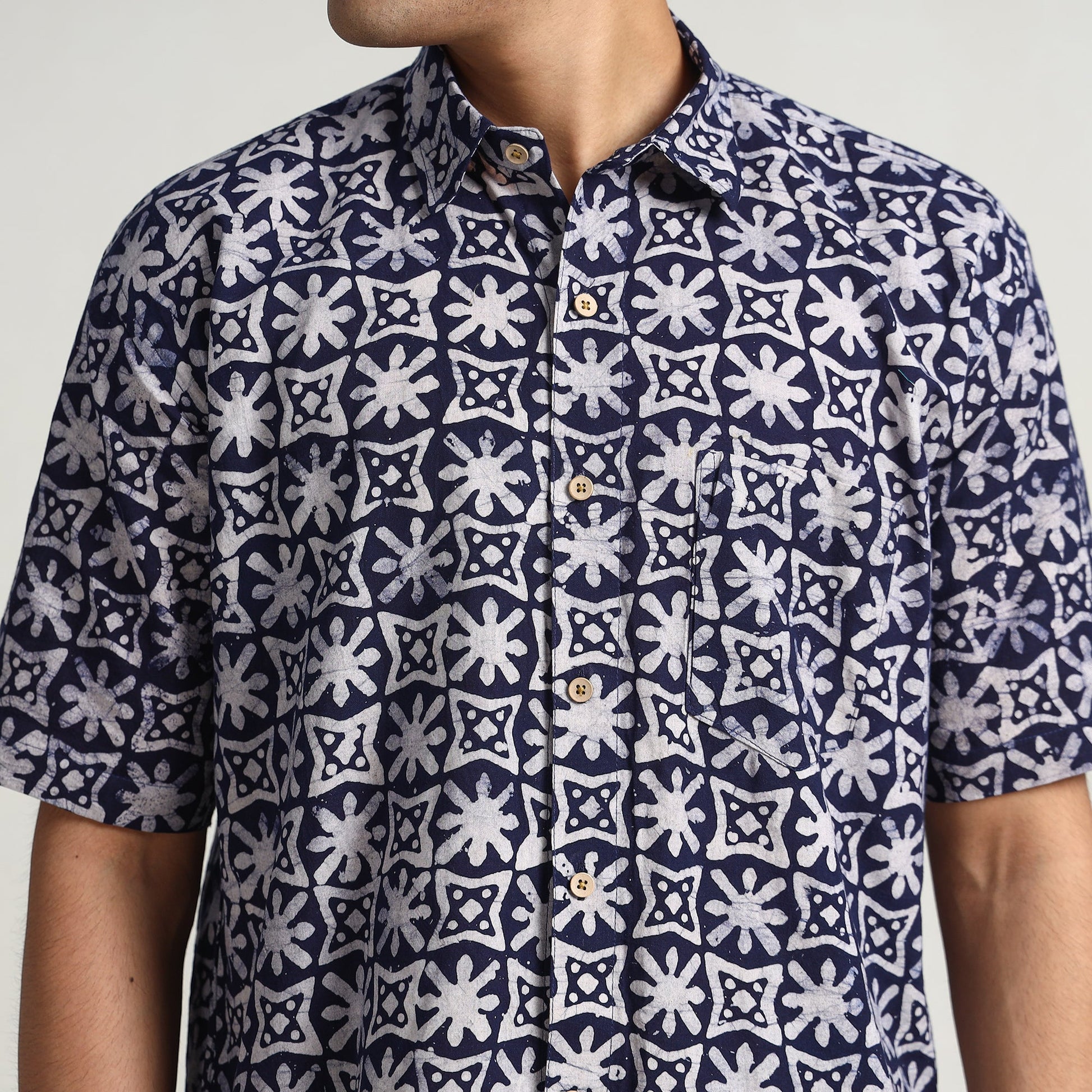 Blue - Hand Batik Printed Cotton Men Half Sleeve Shirt 07