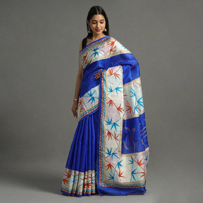 Blue - Bengal Kantha Hand Embroidery Block Printed Tussar Silk Handloom Saree