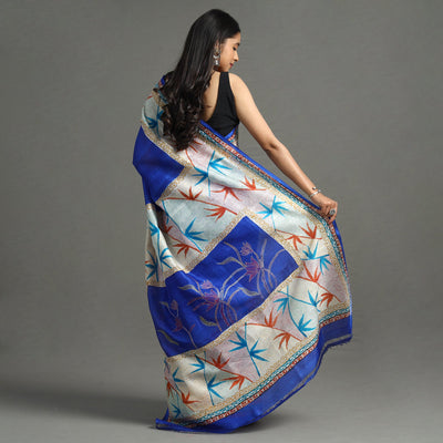 Blue - Bengal Kantha Hand Embroidery Block Printed Tussar Silk Handloom Saree