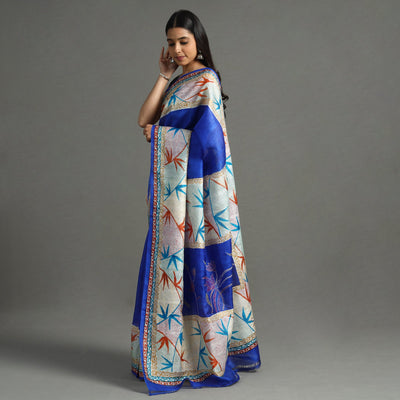 Blue - Bengal Kantha Hand Embroidery Block Printed Tussar Silk Handloom Saree