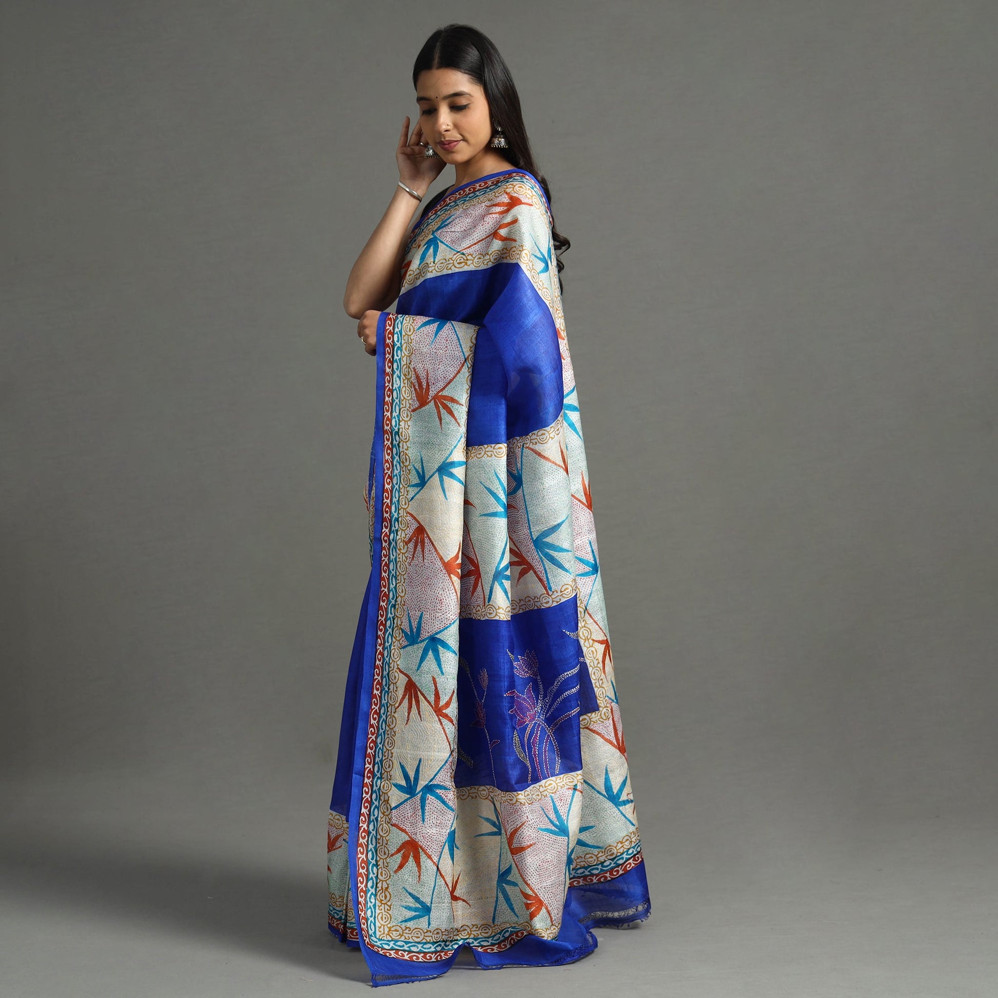 Blue - Bengal Kantha Hand Embroidery Block Printed Tussar Silk Handloom Saree